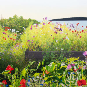 Peinture à l'huile sur toile de l'artiste Julie Desmarais. Jardin de fleurs d'été (série 5) (Kamouraska, QC)