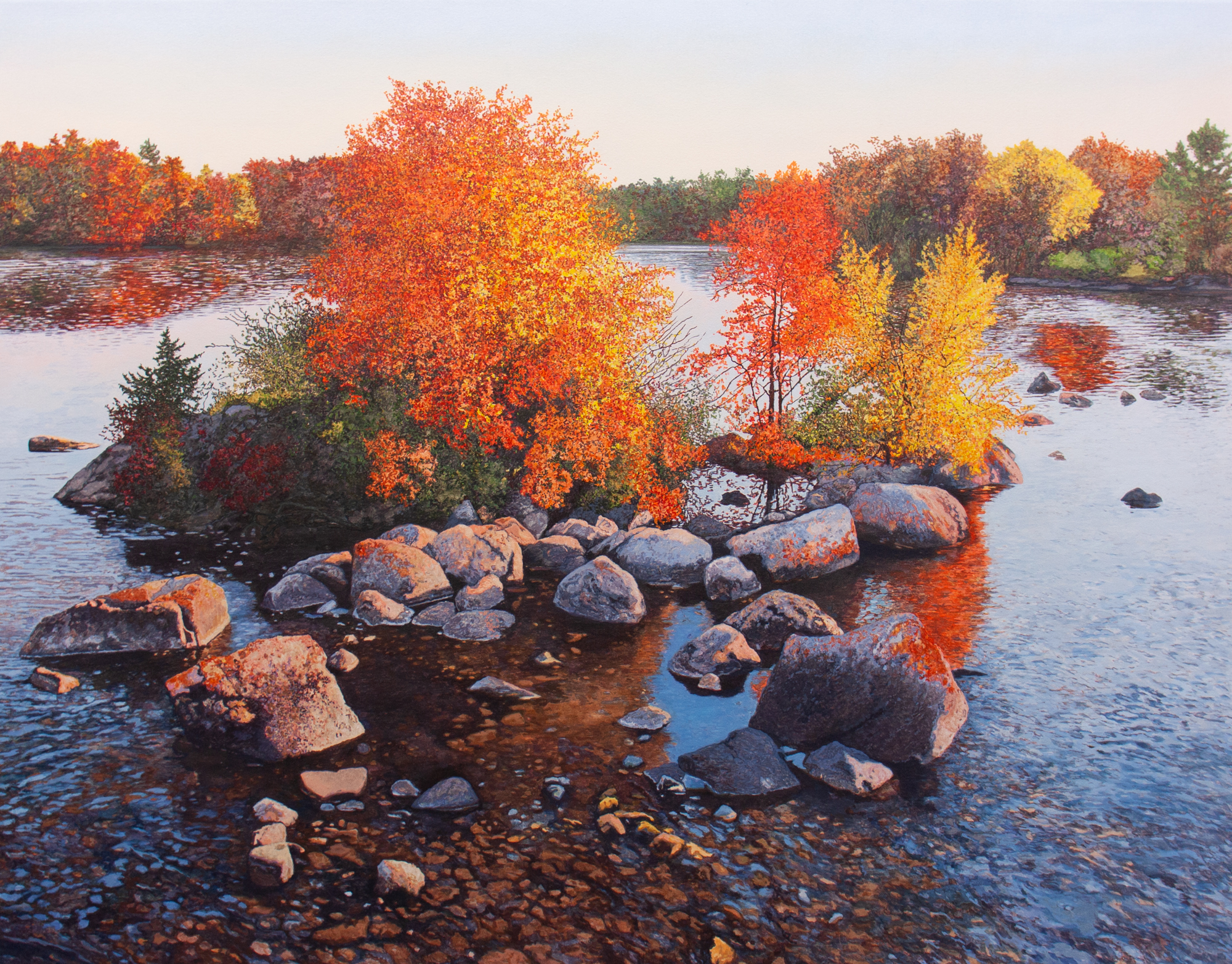 Scène d'automne (Stoney Lake, Buckhorn, ON) 2026. Peinture à l'huile de l'artiste Julie Desmarais. Peinture à l'huile de l'artiste Julie Desmarais. Scène d'automne (Stoney Lake, Buckhorn, ON) 2026