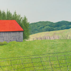 Painting by Julie Desmarais. Grange au toit rouge dans un champ de verdure (Arundel, QC) 2026