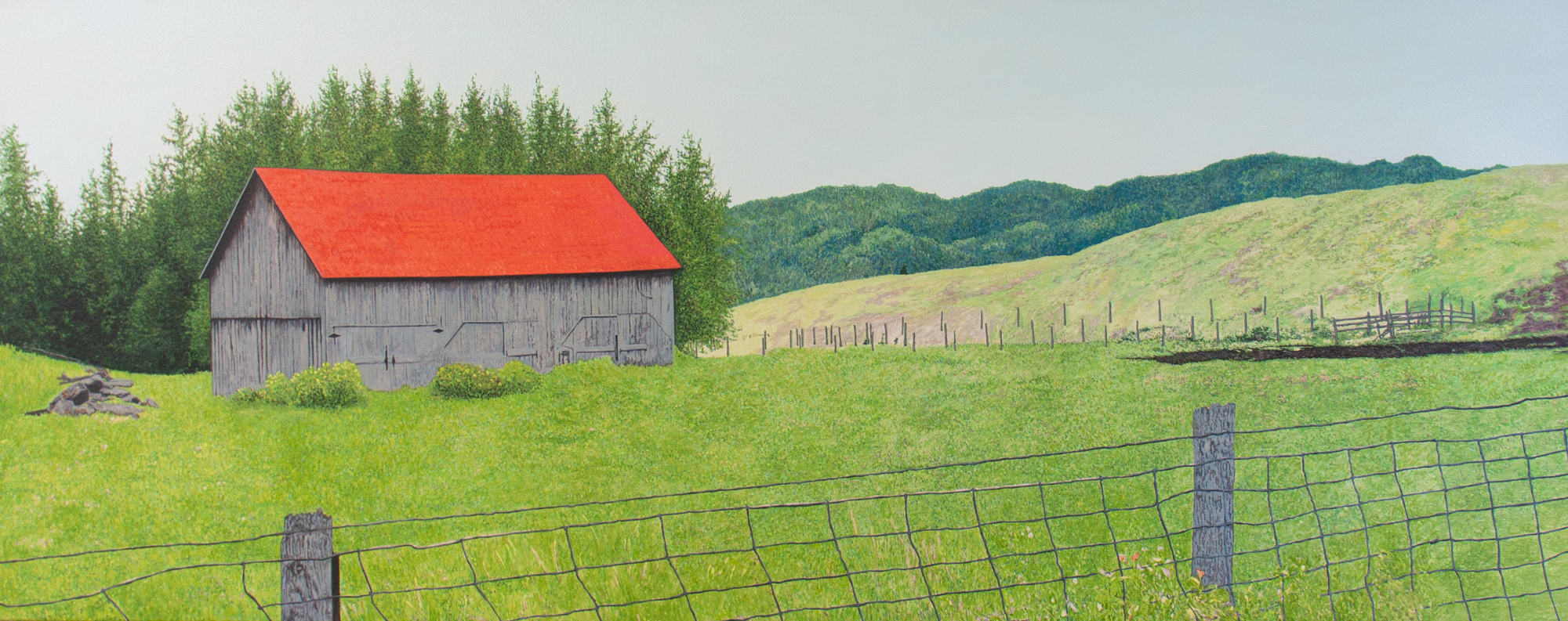 Grange au toit rouge dans un champ de verdure (Arundel, QC) 2026 par Julie Desmarais Painting by Julie Desmarais. Grange au toit rouge dans un champ de verdure (Arundel, QC) 2026